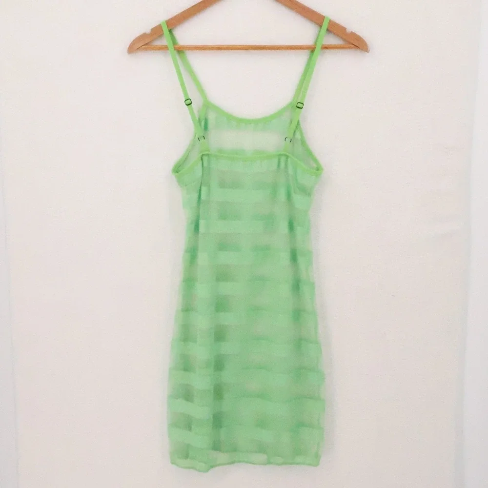 Sheer Striped Mesh Mini Slip Dress Womens Size S Festival Y2K Brat Green Stretch - Picture 4 of 8